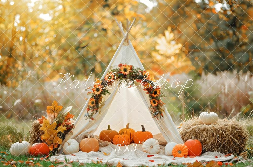 Fall White Teepee Decorated With Pumpkins Foto Achtergrond Designed by Patty Robert