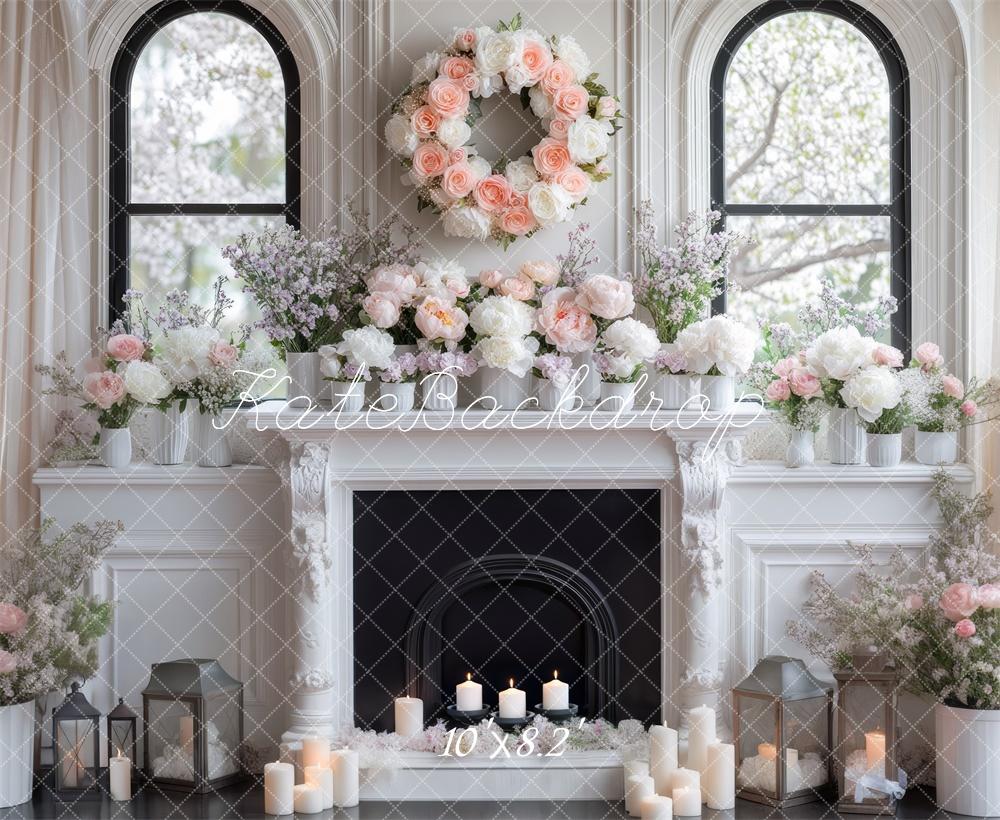 Kate Spring White Floral Fireplace Backdrop Designed by Mini MakeBelieve