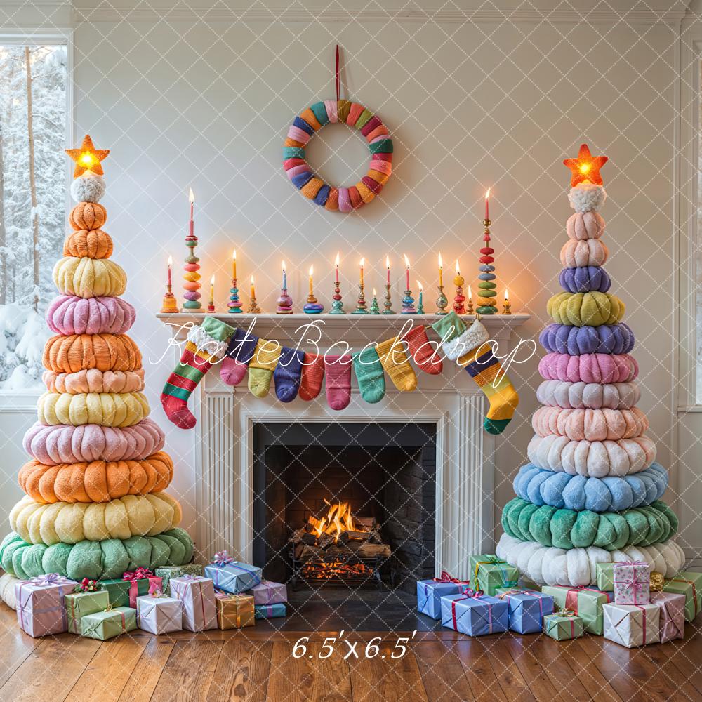 Kate Christmas Colorful Trees Fireplace Backdrop Designed by Emetselch