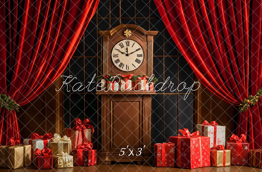 Kate Christmas Retro Clock Red Curtains Backdrop Designed by Emetselch