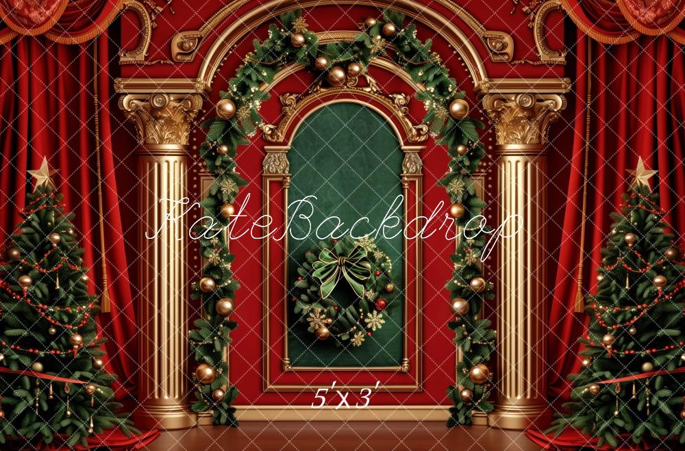 Kate Christmas Tree Red Curtains Retro Wall With Garland Backdrop Designed by Patty Robert