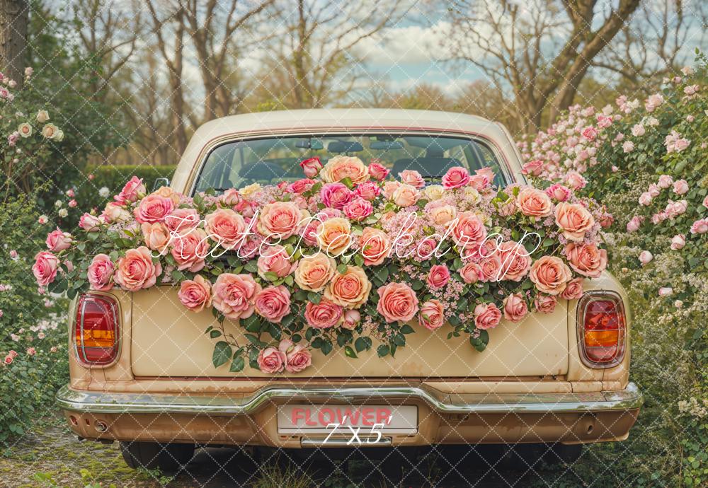 Kate Valentine Vintage Car Pink Roses Backdrop Designed by Emetselch