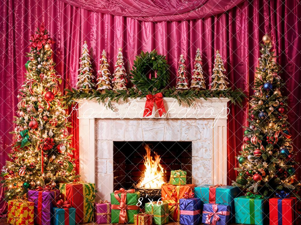 Kate Christmas Interior White Marble Fireplace Red Curtain Backdrop Designed by Emetselch