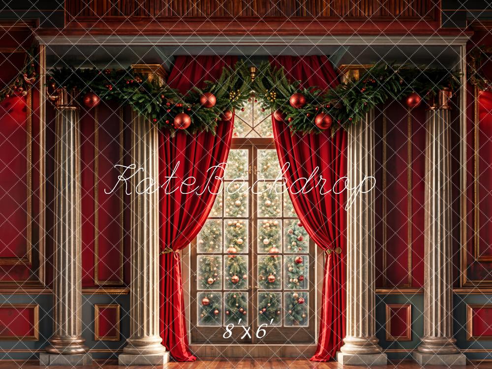 Kate Christmas Indoor Arched Window Red Retro Wall Backdrop Designed by Chain Photography