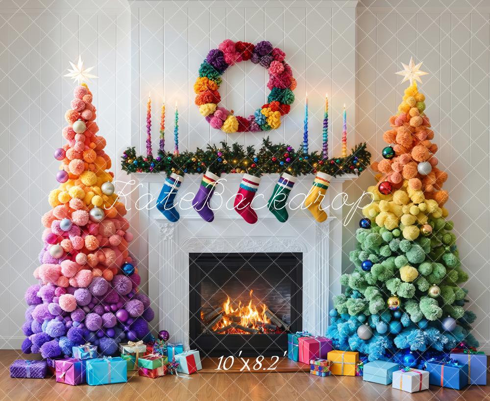 Kate Colorful Christmas Trees Fireplace Backdrop Designed by Emetselch