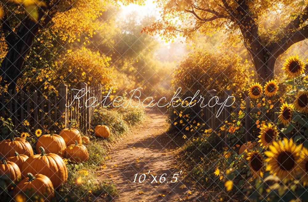 Kate Fall Maple Tree Road Sunflowers Pumpkins Backdrop Designed by Emetselch