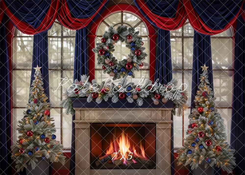 Kate Christmas Tree Navy Red Curtains Fireplace Backdrop Designed by Mini MakeBelieve