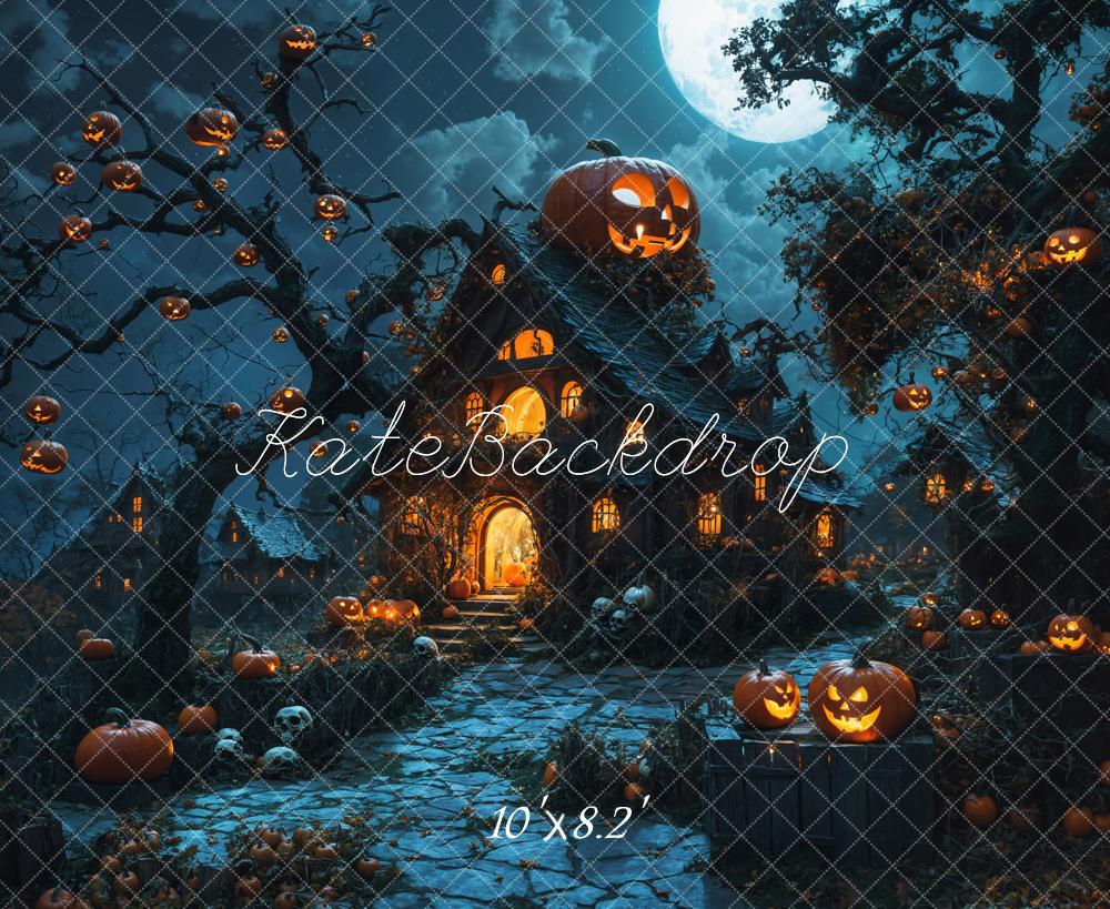 Kate Halloween Night Pumpkin Lanterns Wooden Cabin Backdrop Designed by Emetselch