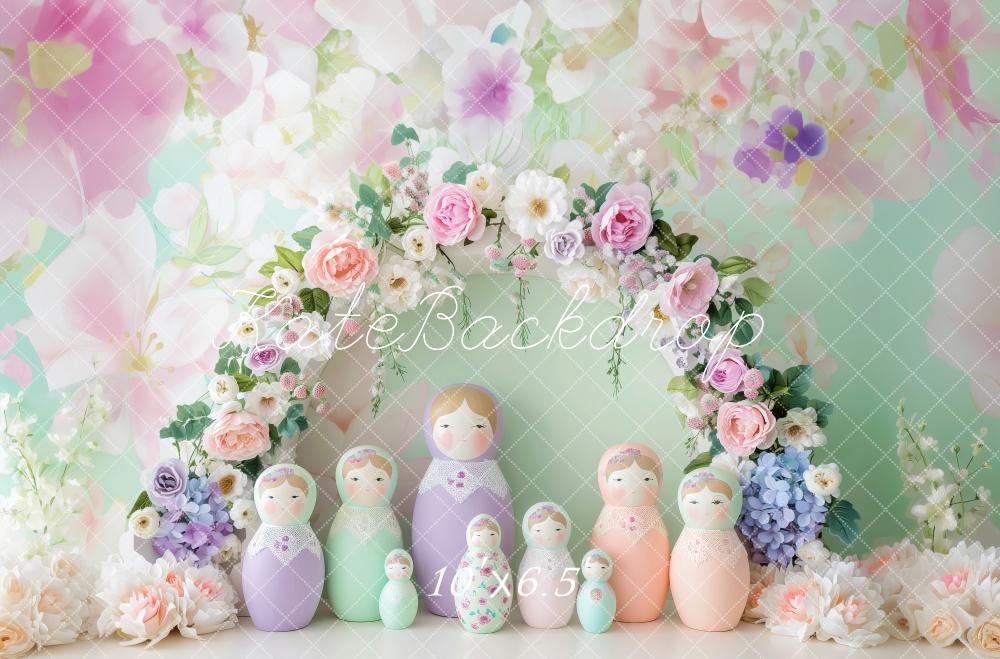 Kate Floral Arch Pastel Matryoshka Dolls Backdrop Designed by Patty Robert