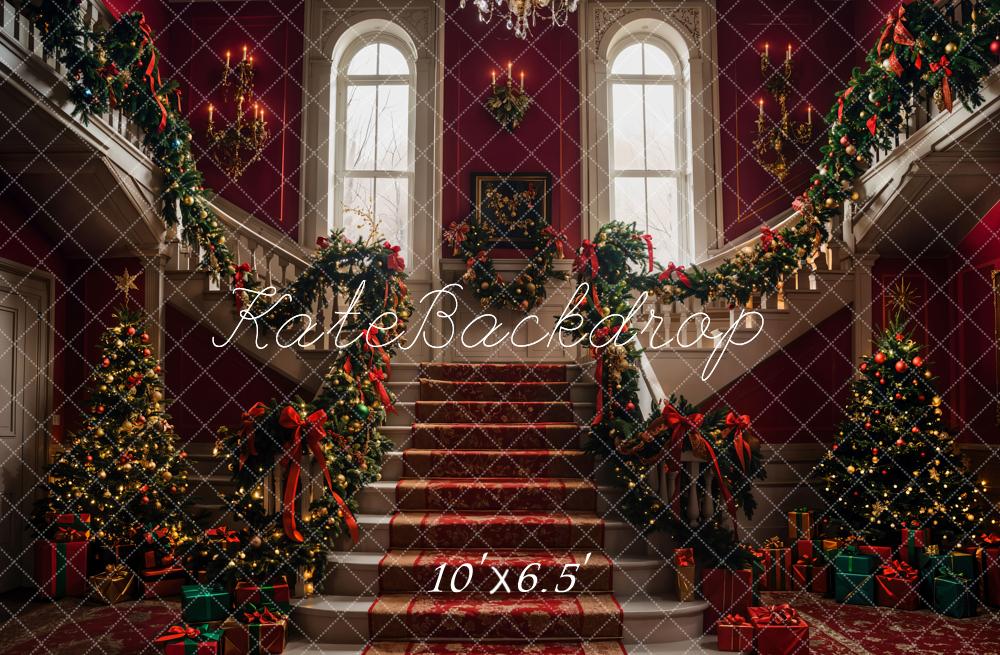 Kate Christmas Tree Red Retro Grand Staircase Backdrop Designed by Emetselch