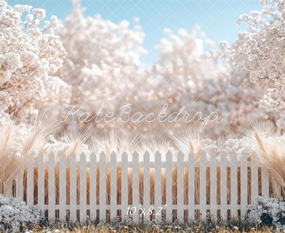 Kate Spring White Floral Fence Garden Backdrop Designed by Mini MakeBelieve