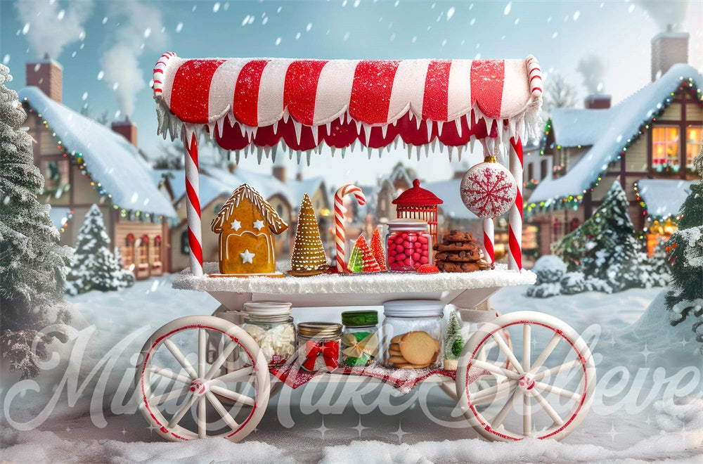 Kate Christmas Town Gingerbread Red Candy Stand Cart Backdrop Designed by Mini MakeBelieve