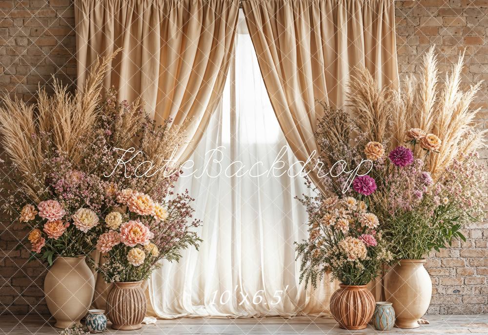 Kate Boho Floral Beige Curtain Vase Backdrop Designed by Emetselch