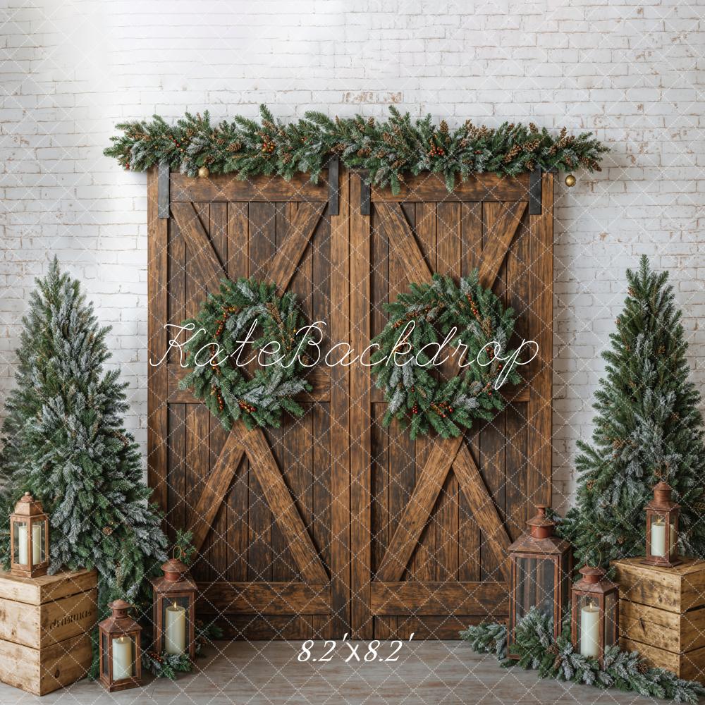 Kate Christmas Brown Barn Door Wreath Backdrop Designed by Emetselch