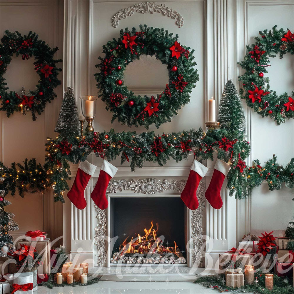 Kate Christmas White Vintage Floral Fireplace Backdrop Designed by Mini MakeBelieve