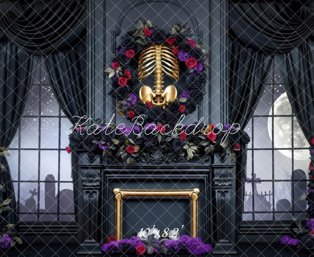 Kate Halloween Skeleton Room Black Curtains Fireplace Backdrop Designed by Mini MakeBelieve