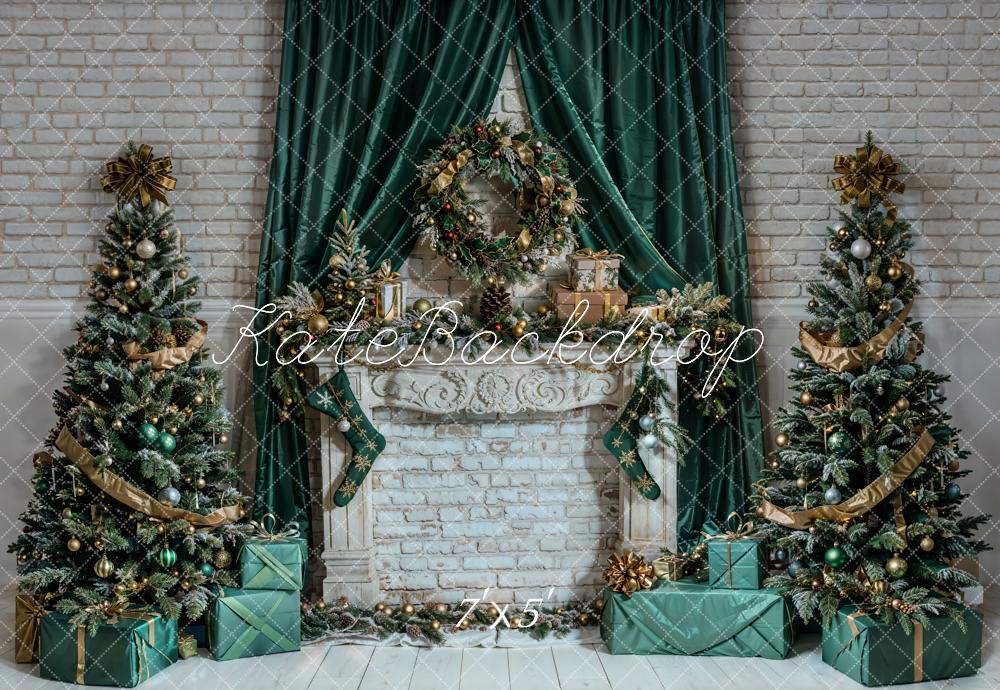 Kate Christmas White Retro Floral Brick Fireplace Backdrop Designed by Emetselch