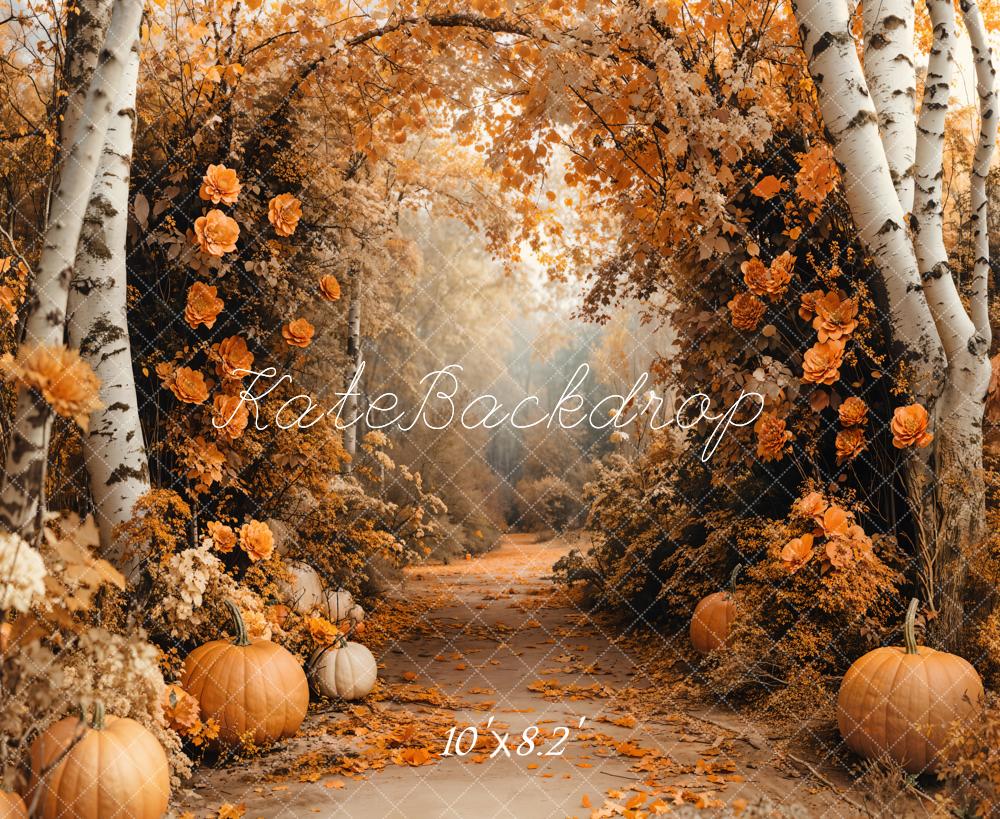 Kate Fall Maple Forest Flowers Pumpkin Backdrop Designed by Emetselch