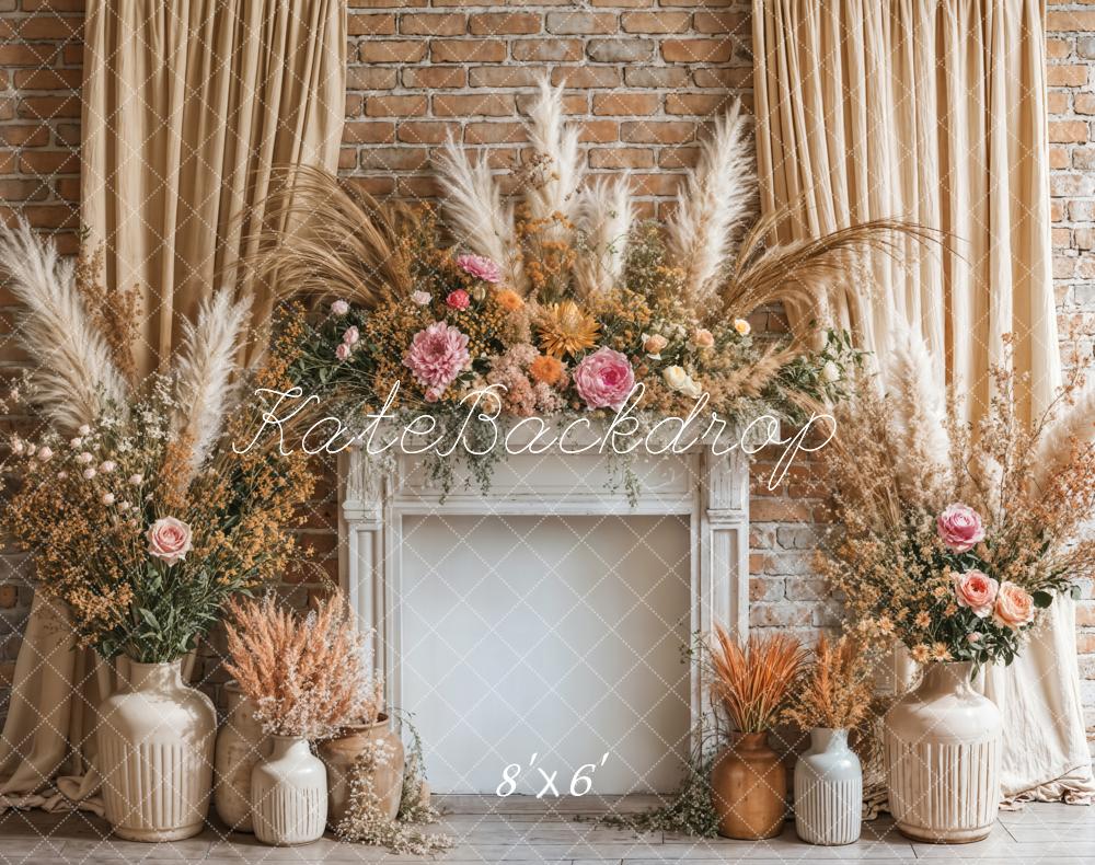 Kate Boho Floral Fireplace Curtain Beige Backdrop Designed by Emetselch