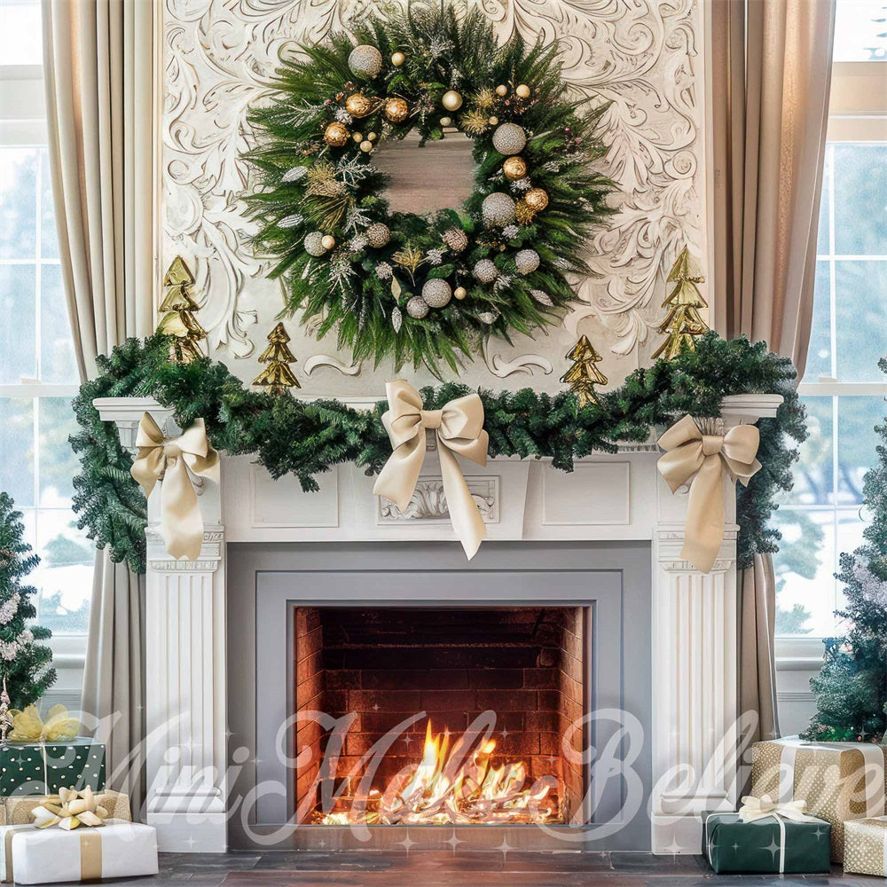 TEST Kate Christmas White Bow Vintage Floral Fireplace Backdrop Designed by Mini MakeBelieve