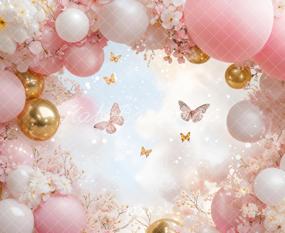 Kate Floral Pink Balloon Butterfly Backdrop Designed by Emetselch