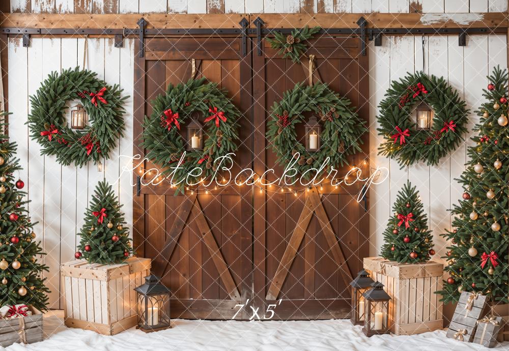 Kate Christmas Tree Brown Wooden Barn Door White Wall Backdrop Designed by Emetselch