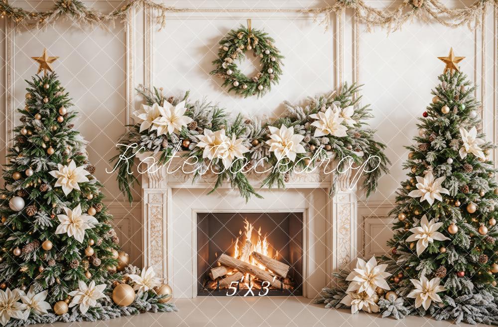 Kate Christmas White Flower Fireplace Trees Backdrop Designed by Emetselch