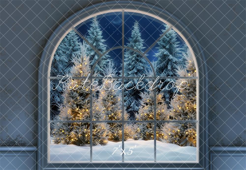 Christmas Trees Night Snowy Arch Window Foto Achtergrond Designed by Mini MakeBelieve