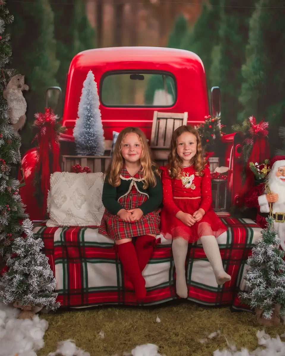 Fondo para fotografía de camioneta roja de Navidad al aire libre