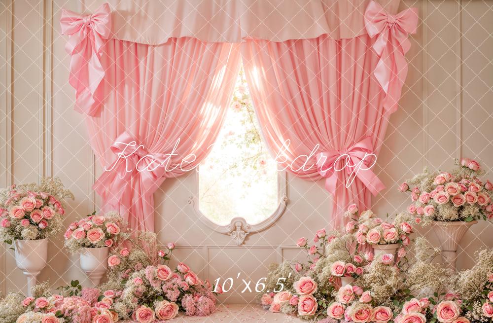 Kate Cake Smash Pink Floral Curtain Bow Backdrop Designed by Emetselch