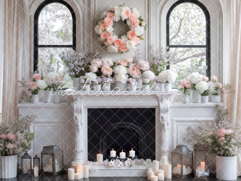 Kate Spring White Floral Fireplace Backdrop Designed by Mini MakeBelieve