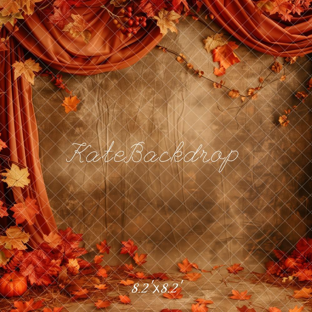 Kate Fall Pumpkin Leaves With Red Draped Curtain Backdrop Designed by Patty Roberts