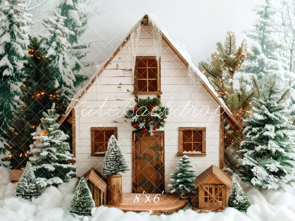 Kate Christmas Snowy White Wooden Cabin Backdrop Designed by Patty Robert