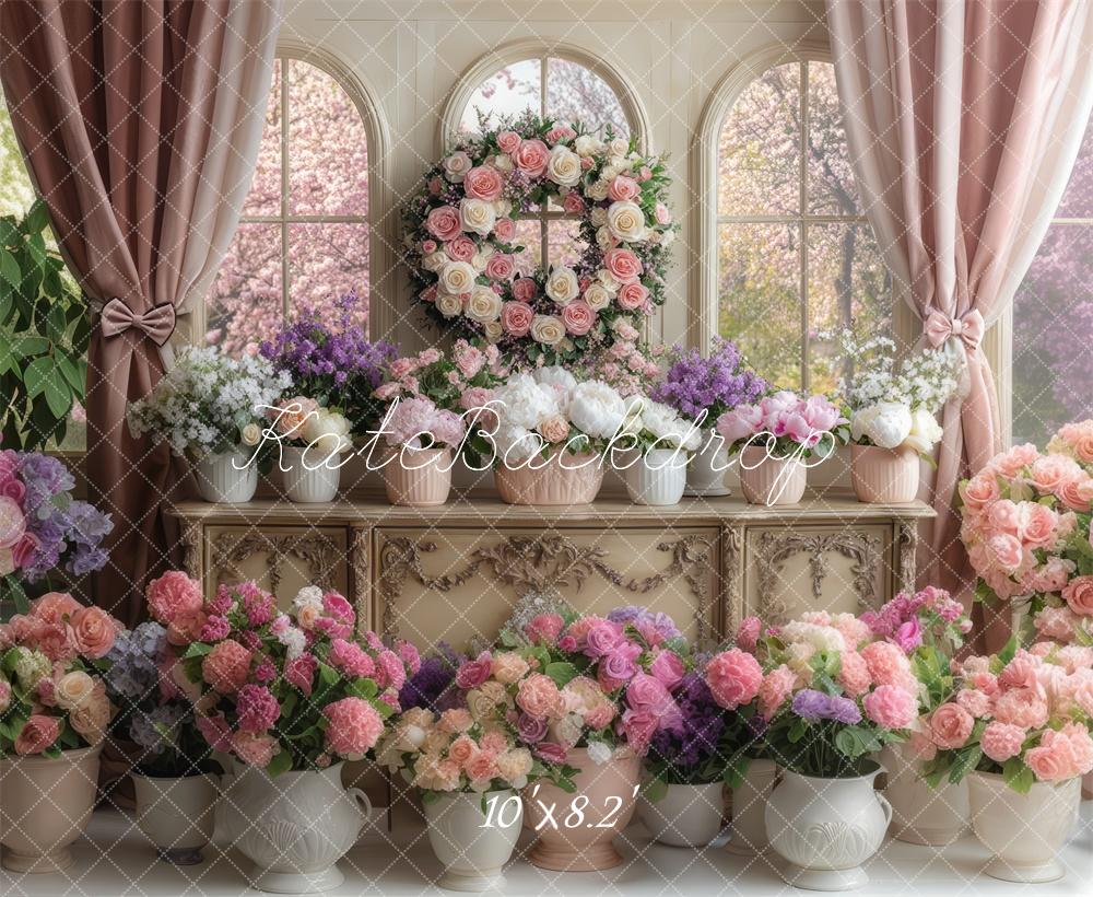 Kate Spring Floral Arched Window Pink Backdrop Designed by Mini MakeBelieve