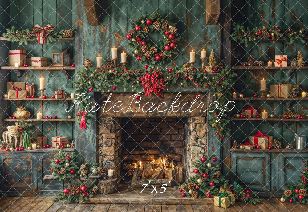 Kate Christmas Green Retro Cabinets Fireplace Backdrop Designed by Emetselch