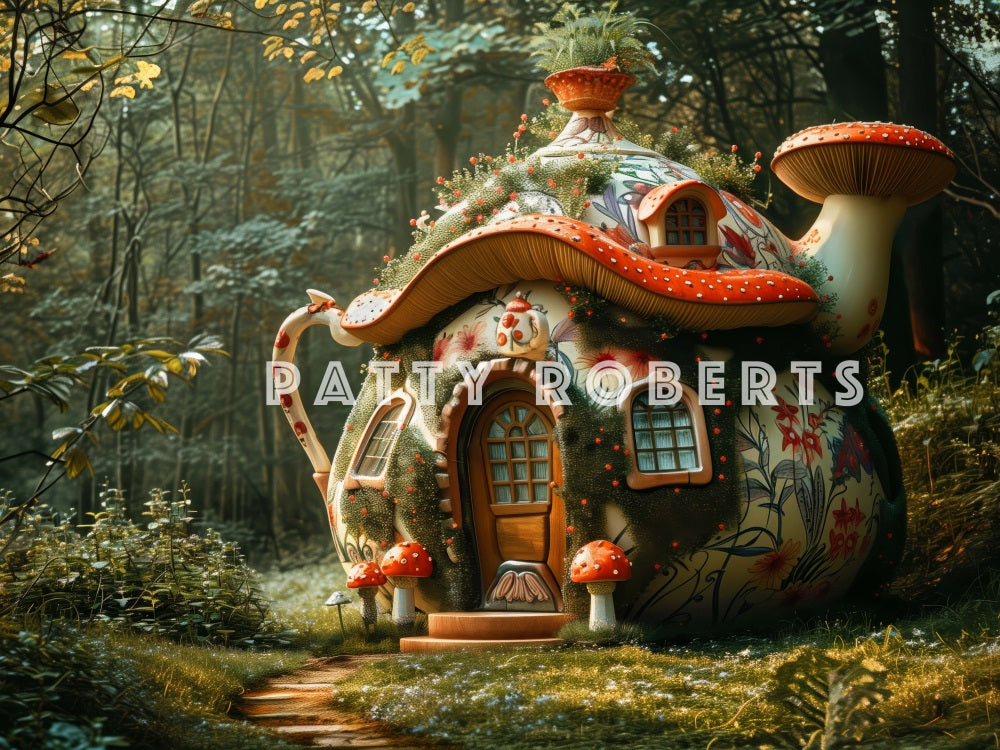 Magical Forest Dreamy Colorful Floral Mushroom Teapot Hut Foto Achtergrond Designed by Patty Robert