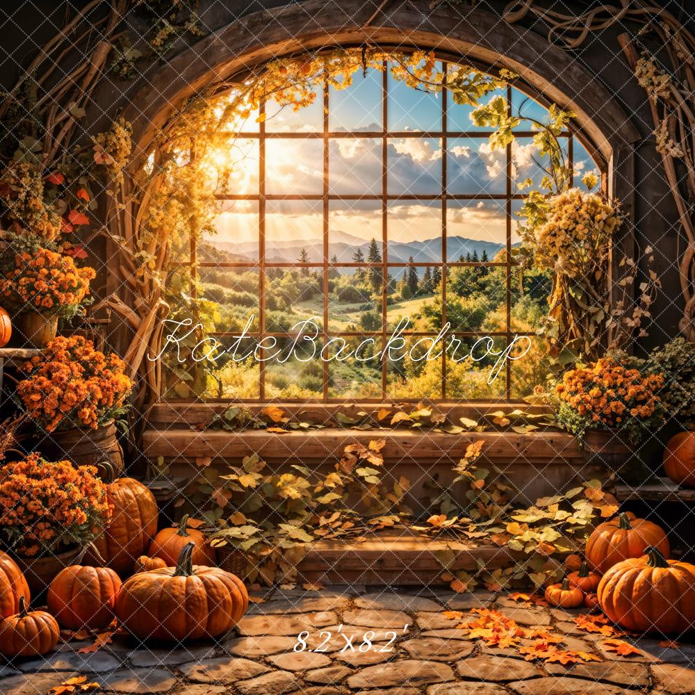 Kate Fall Flower Pumpkin Barn Arch Window Backdrop Designed by Emetselch