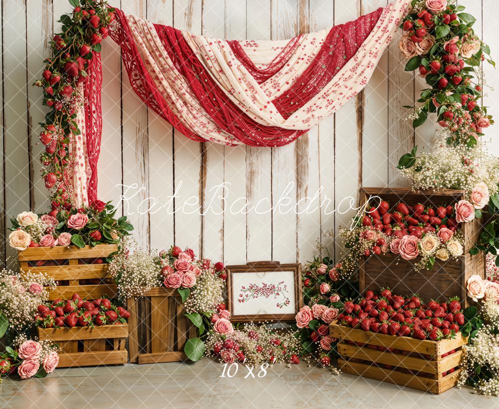 Kate Spring Strawberry Floral Rustic Drapery Backdrop Designed by Emetselch