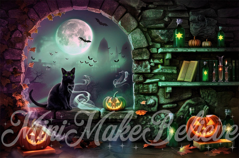 Kate Halloween Dark Stone Arched Window Witch Room Backdrop Designed by Mini MakeBelieve