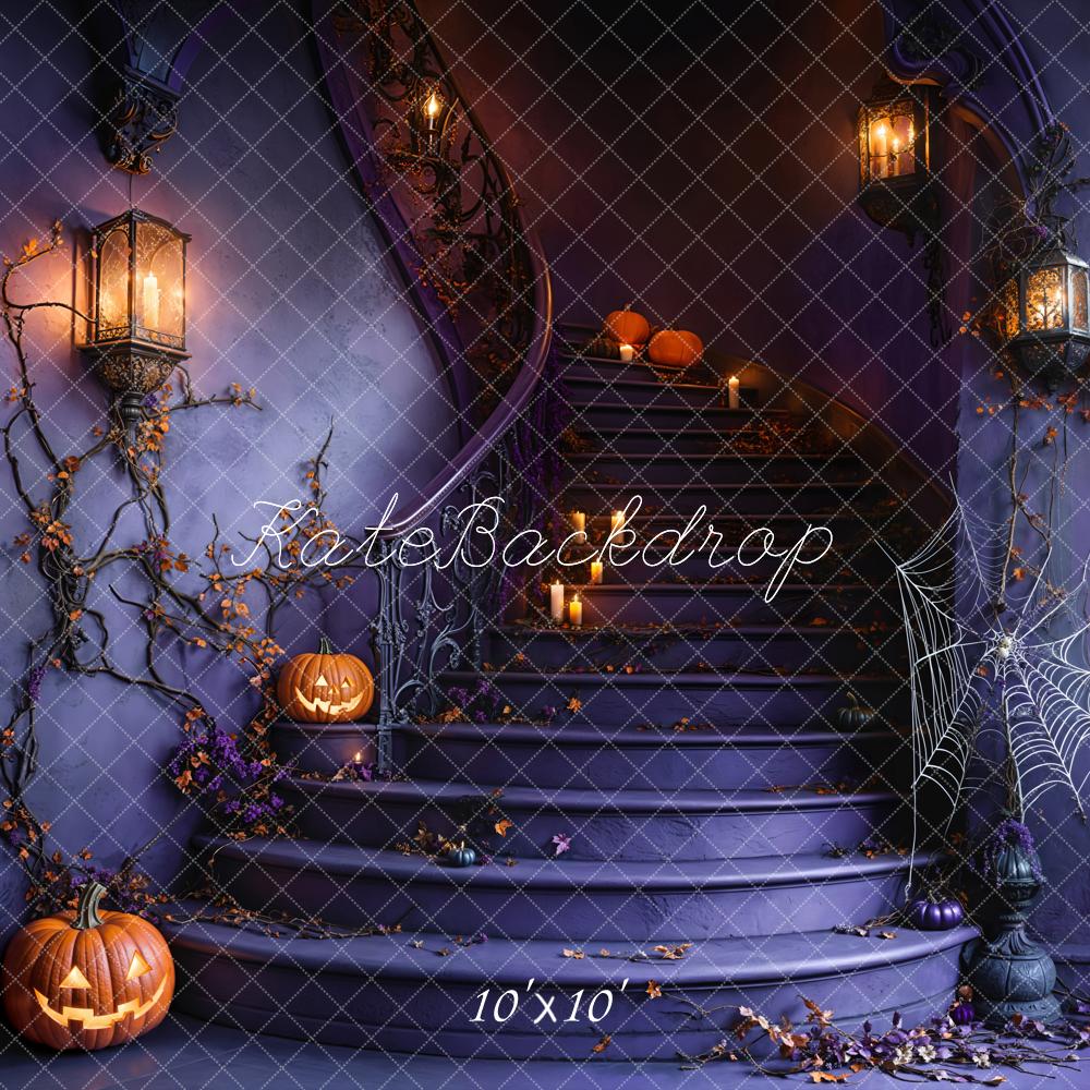 Kate Halloween Staircase Pumpkin Spider Web Backdrop Designed by Emetselch