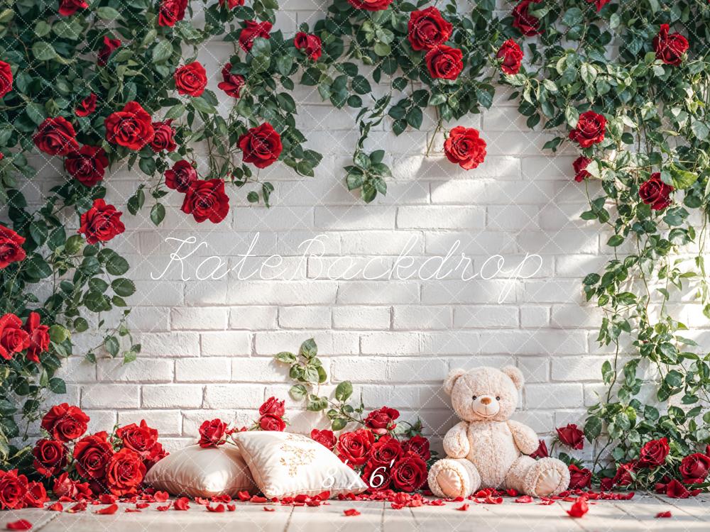 Kate White Brick Wall With Red Roses and Teddy Bear Backdrop Designed by Emetselch