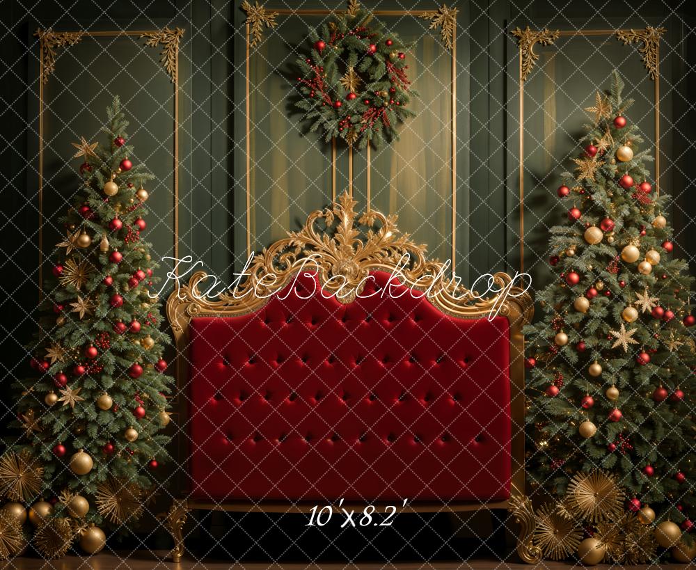 Kate Christmas Tree Red Headboard Dark Green Retro Wall Backdrop Designed by Emetselch