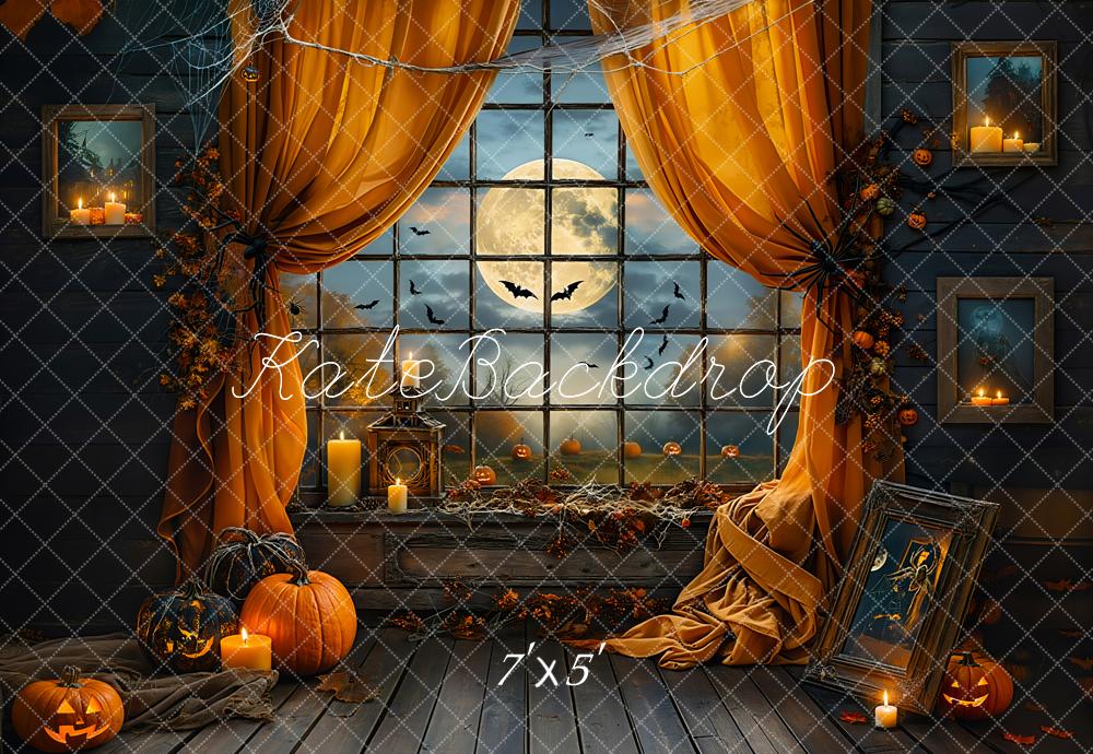 Kate Halloween Night Bat Orange Curtain Black Framed Window Backdrop Designed by Emetselch