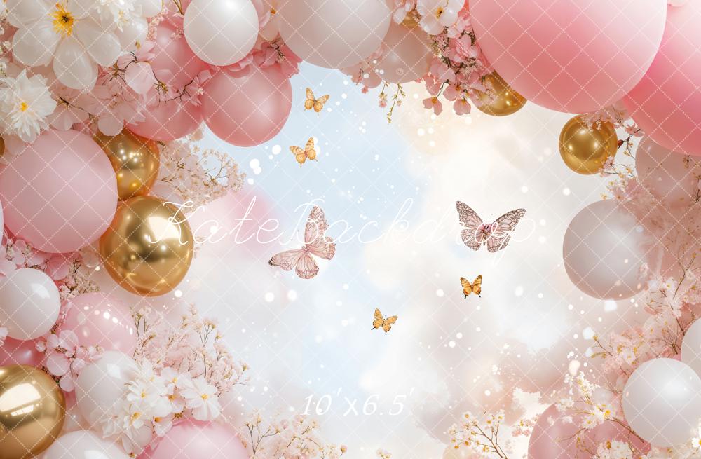 Kate Floral Pink Balloon Butterfly Backdrop Designed by Emetselch