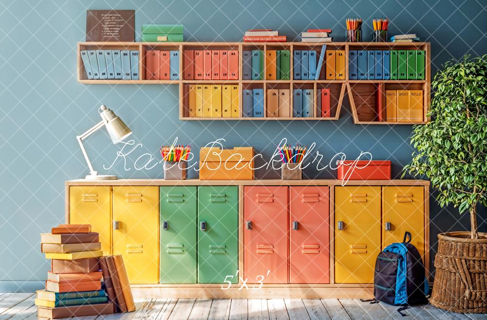 Back to School Kleurvolle Locker Boekenplank Foto Achtergrond Designed by Emetselch