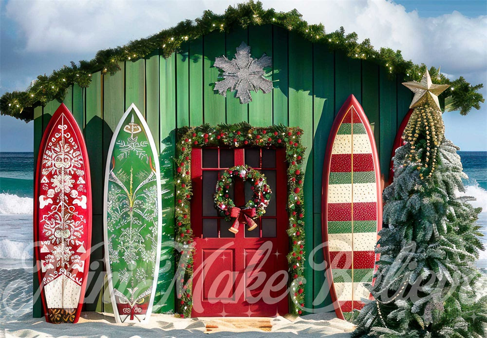 Kate Christmas Tree Sea Beach Surfboard Store Backdrop Designed by Mini MakeBelieve