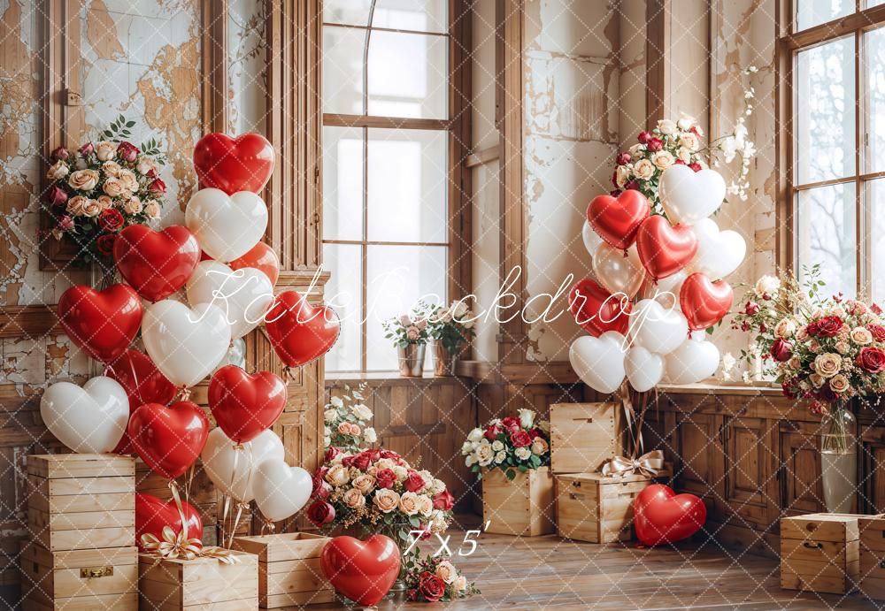 Kate Valentine Heart Balloons Wooden Vintage Backdrop Designed by Emetselch