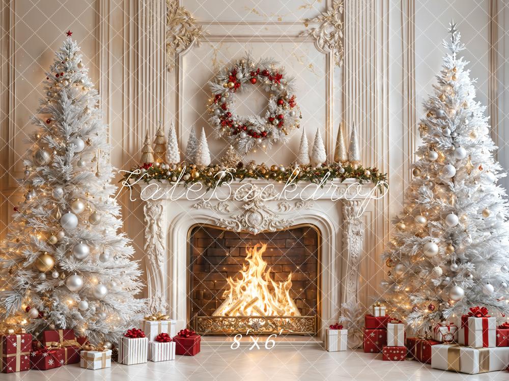 Kate Christmas Fireplace White Trees Gifts Backdrop Designed by Emetselch