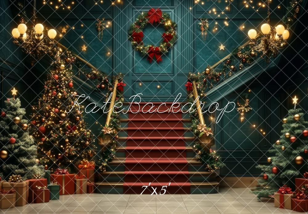 Kate Christmas Tree Cascading Stairs Retro Blue Backdrop Designed by Lidia Redekopp