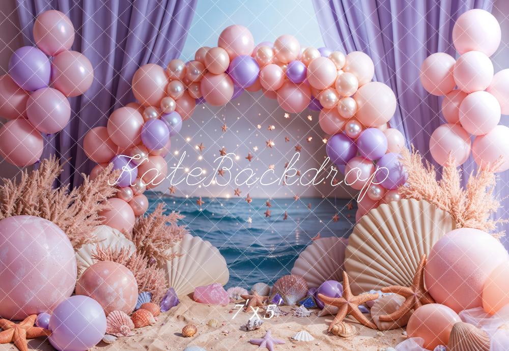 Kate Beach Pink Balloon Arch Purple Curtains Backdrop Designed by Emetselch